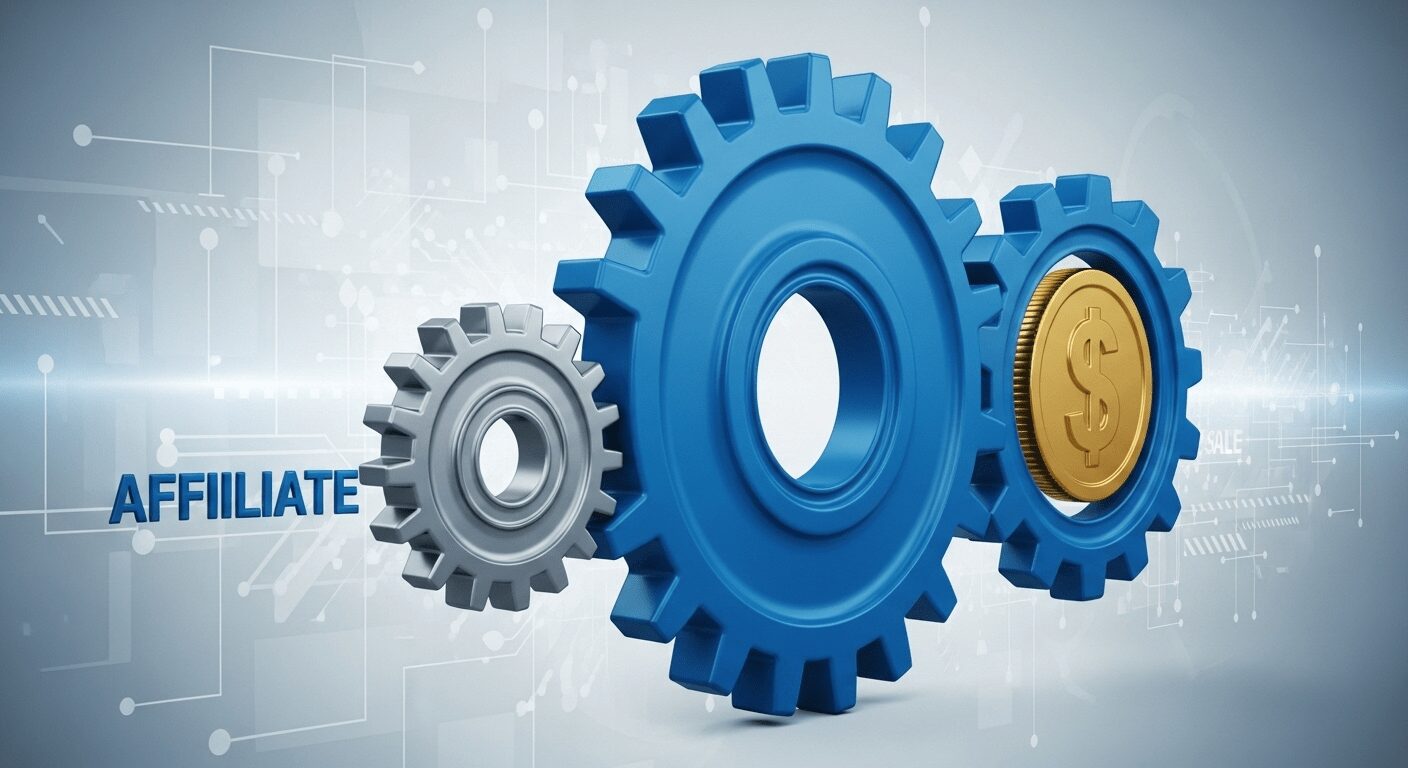 Engrenagens digitais representando o funcionamento do marketing de afiliados, um modelo eficiente para gerar renda com a fórmula do método definitivo negócio online