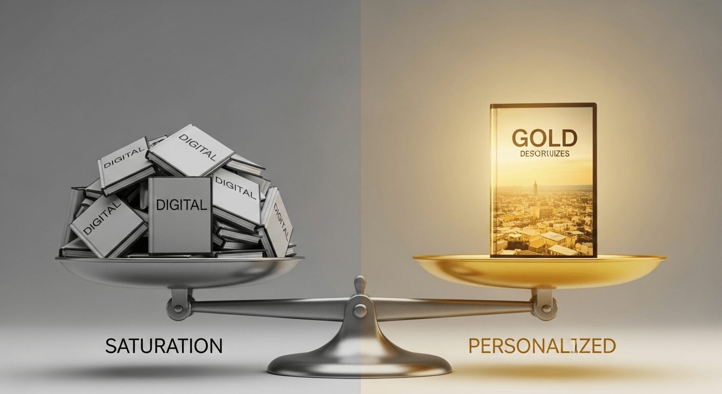 Balança visual mostrando e-books digitais genéricos contra um PLR personalizado, desmistificando a saturação e revelando o verdadeiro ouro