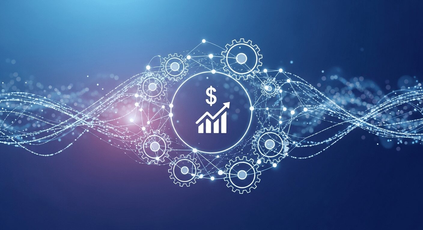 Ilustração de engrenagens e dados digitais, representando a automação e eficiência que a inteligência artificial traz para o e-commerce de pequenos negócios