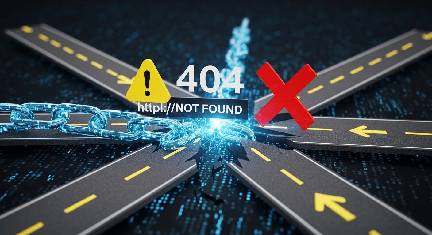 Representação visual de links quebrados e erros comuns de SEO, alertando sobre o que não fazer ao tentar como otimizar posts antigos com estratégias de SEO para blog para evitar prejuízos