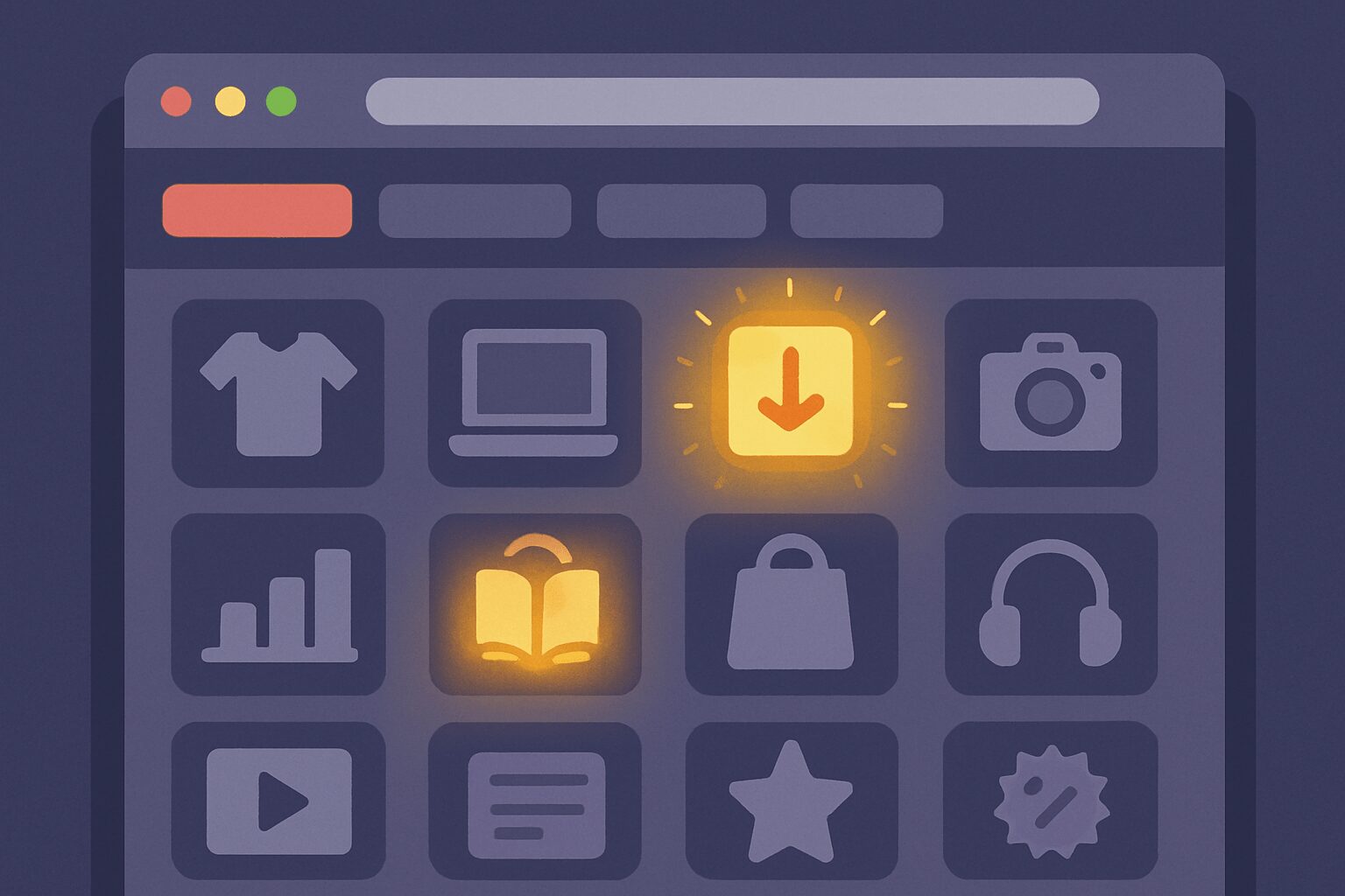 Ícones de produtos digitais brilhando em plataforma online, representando produtos ocultos na Hotmart e seu valor como ouro para afiliados