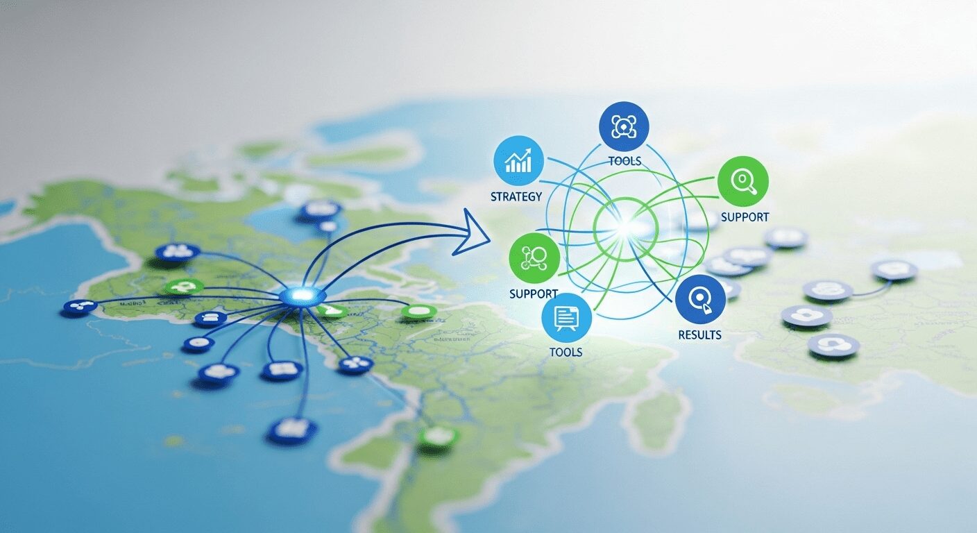 Infográfico visual representando o método definitivo negócio online como um sistema claro e estruturado, simplificando o caminho para empreendedores