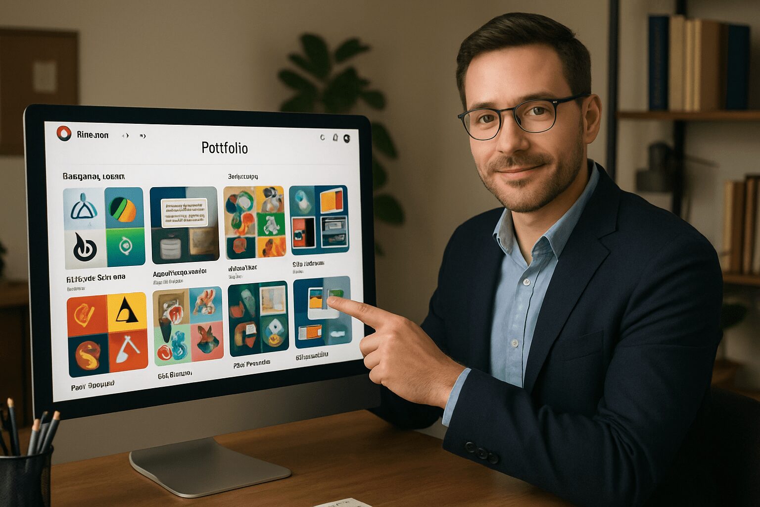 Profissional liberal exibindo portfólio de serviços no Pinterest, como design gráfico e consultoria, atraindo clientes sem investir em publicidade