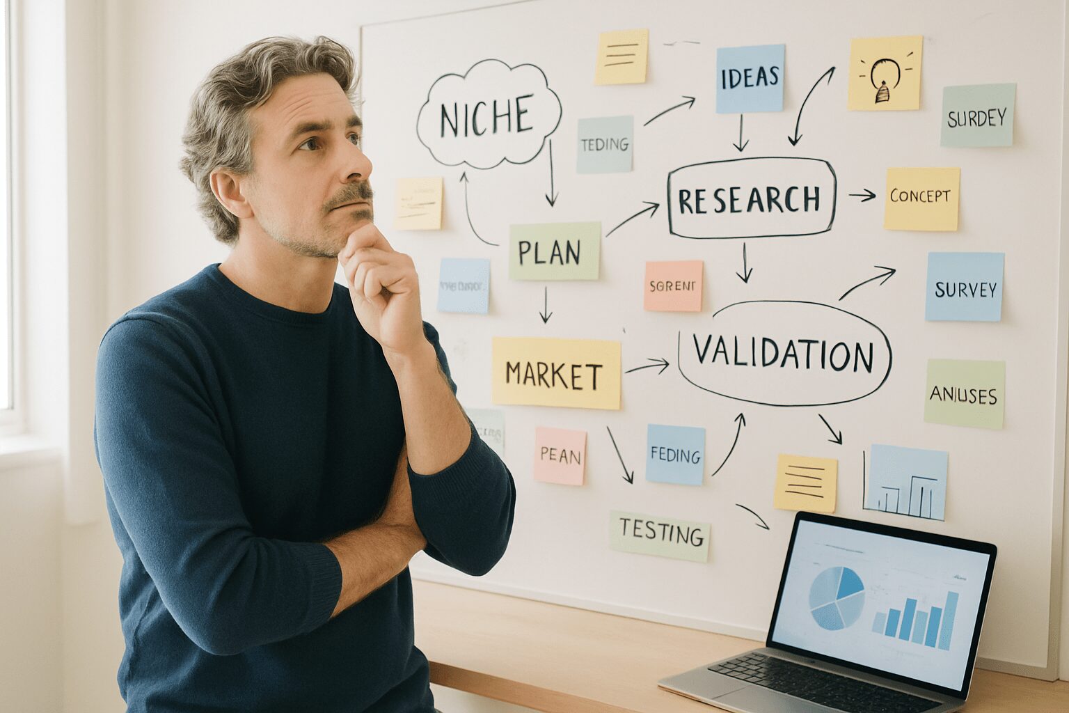 Empreendedor planejando os primeiros passos para criar um infoproduto do zero, com ideias e pesquisas de nicho em um quadro branco