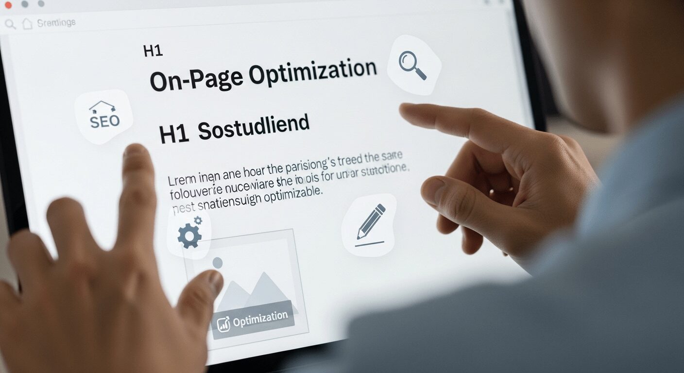 Mãos digitando e otimizando conteúdo em um editor de blog, destacando elementos de SEO on-page e o processo de como otimizar posts antigos com estratégias de SEO para blog