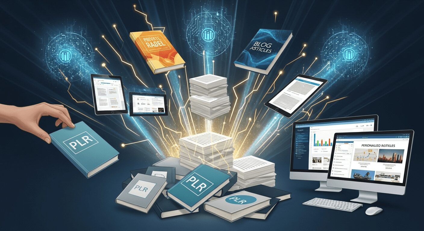 Representação visual impactante mostrando como PLR Estão Saturados com a IA é um mito, transformando e-books e produtos digitais brutos em ouro