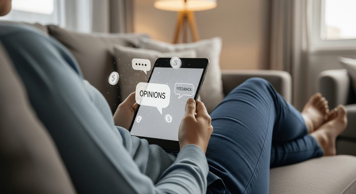 Pessoa respondendo pesquisas online em tablet, ganhando dinheiro com sua opinião de forma conveniente e sem investimento, como uma forma de renda extra online