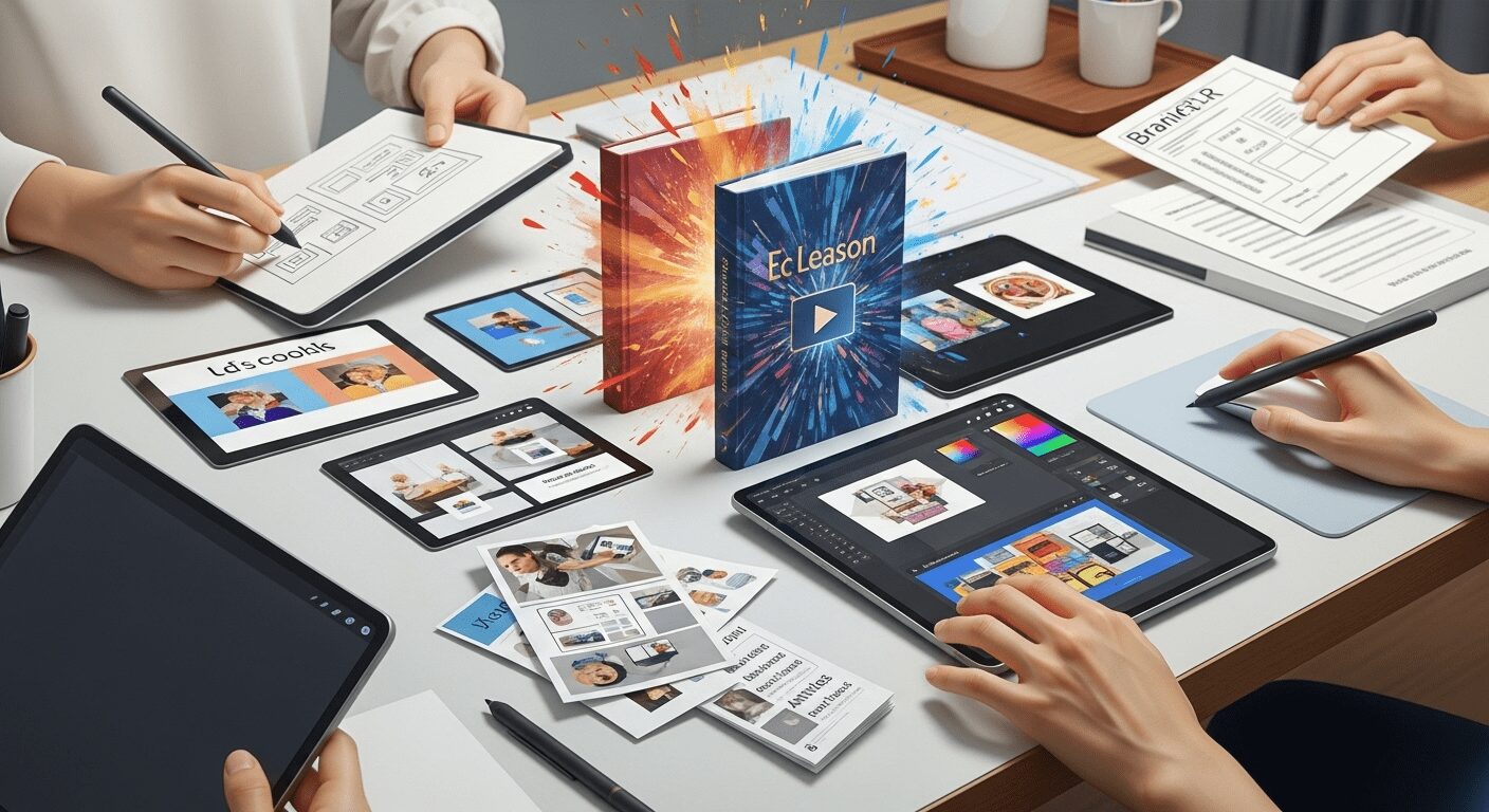 Mãos humanas personalizando e transformando e-books PLR genéricos em produtos digitais únicos e de alto valor, a chave da diferenciação