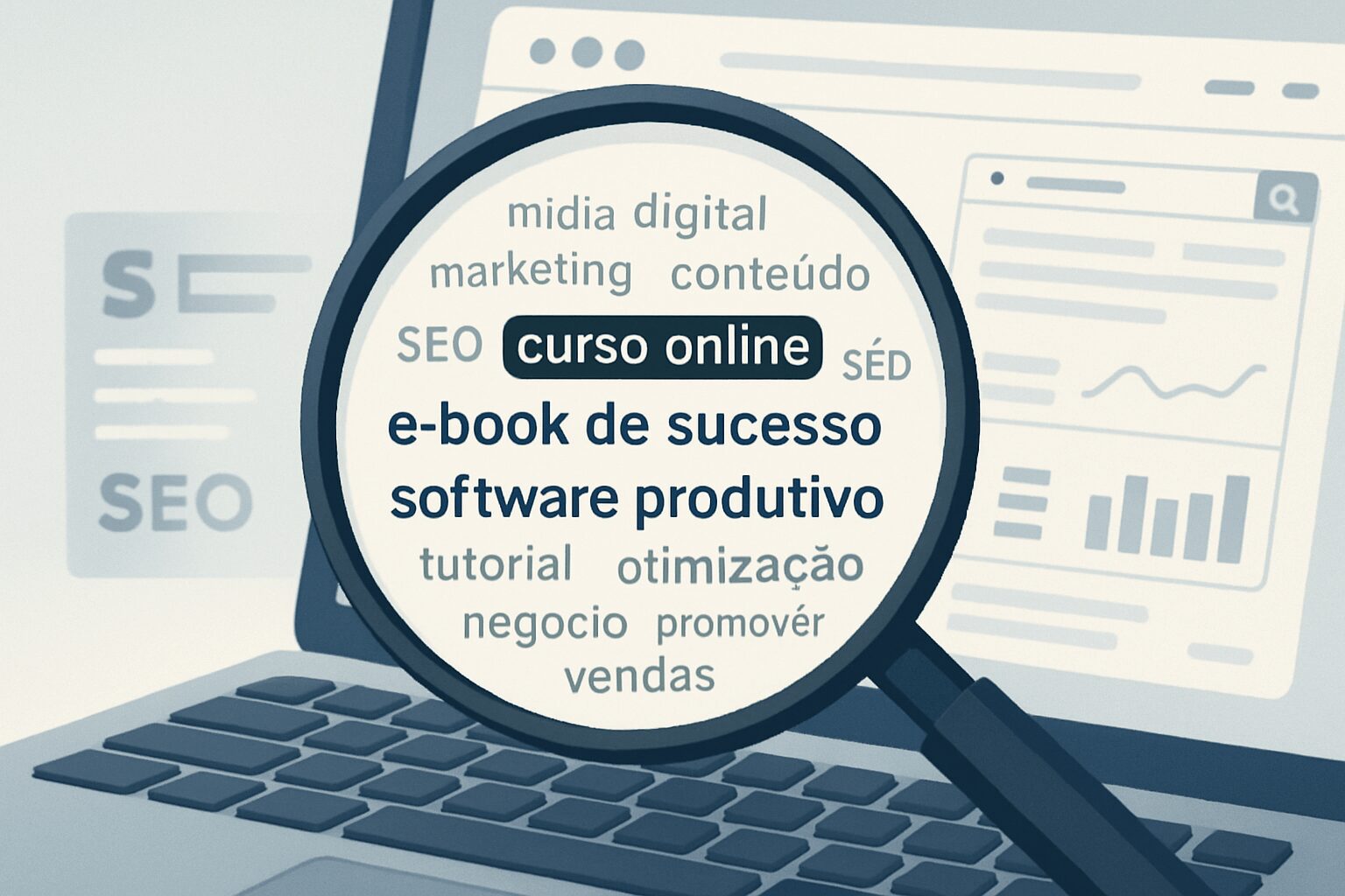 Lupa focando em palavras-chave estratégicas para produtos digitais, ilustrando a pesquisa de palavras-chave para aumentar as vendas com SEO