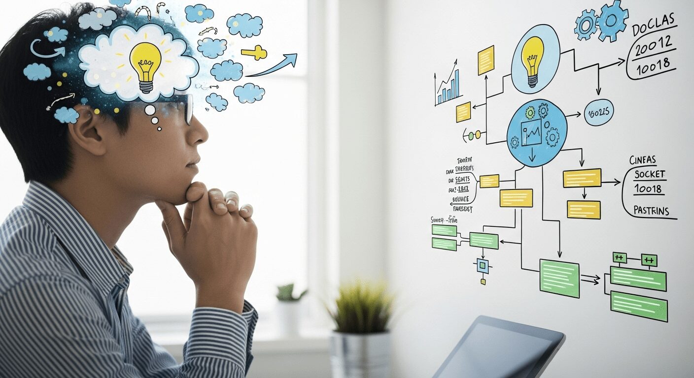 Jovem empreendedor planejando Negócio Online do Zero Sem Gastar Um Centavo, com mapa mental de estratégias e ideias para iniciar um negócio