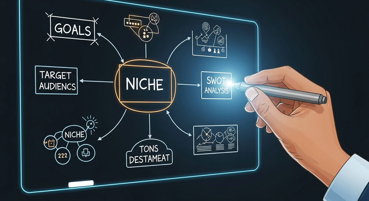 Mão desenhando um mind map estratégico para planejamento, ilustrando a organização inicial para criar um negócio online de sucesso