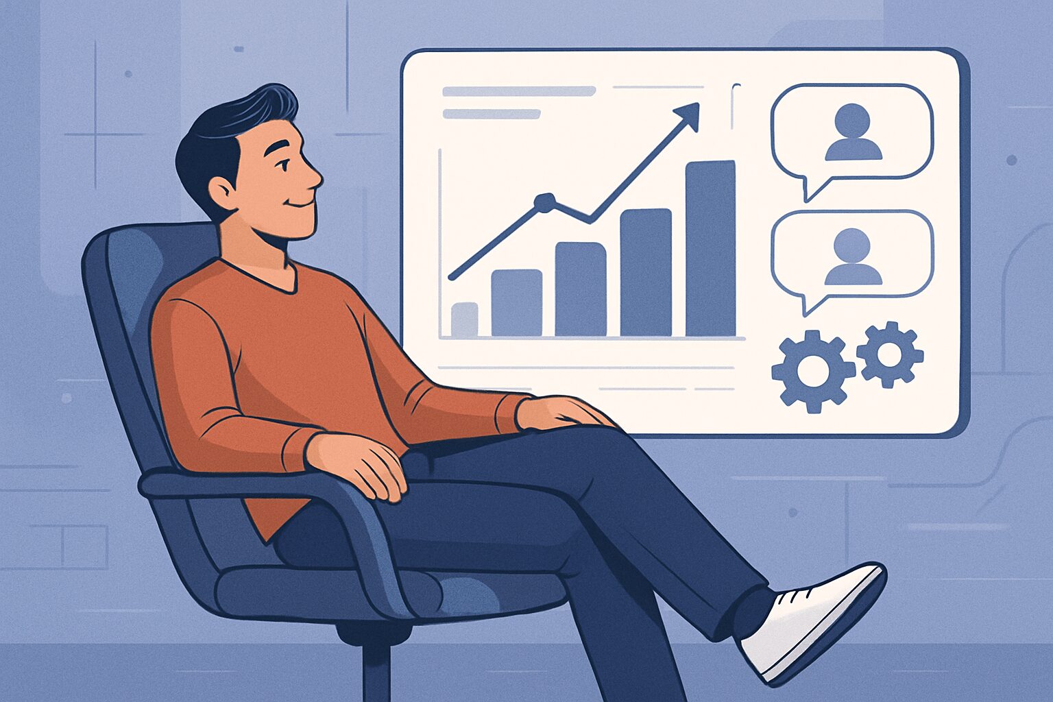 Análise pós-lançamento de infoproduto, mostrando gráficos de performance e balões de feedback, para otimizar e manter a relevância do produto digital