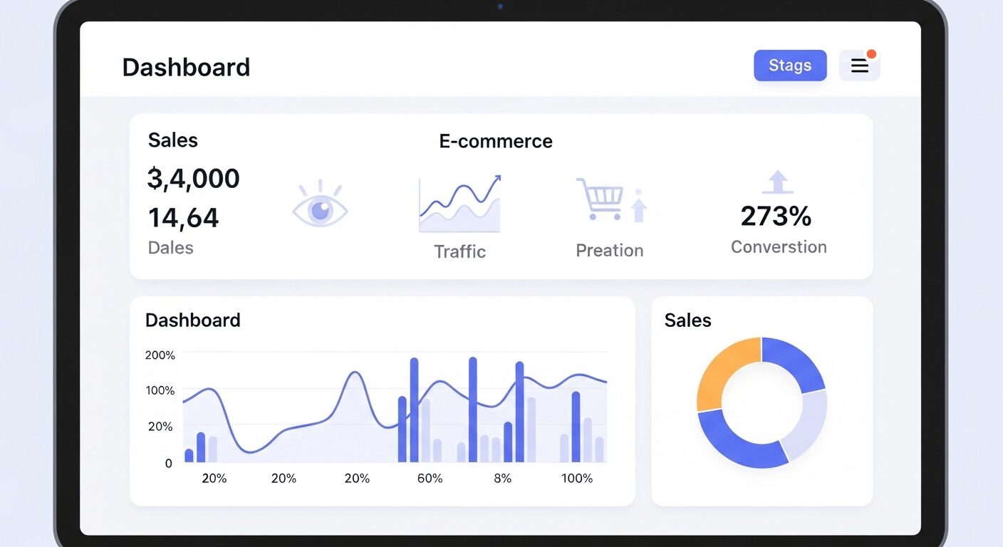 Dashboard de e-commerce com visualização de dados simples, apresentando gráficos claros para acompanhar métricas e desempenho do negócio