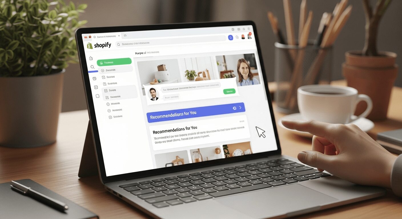 Tela de laptop mostrando interface amigável de e-commerce com elementos de IA, destacando a acessibilidade de plataformas e-commerce com IA integrada como Shopify