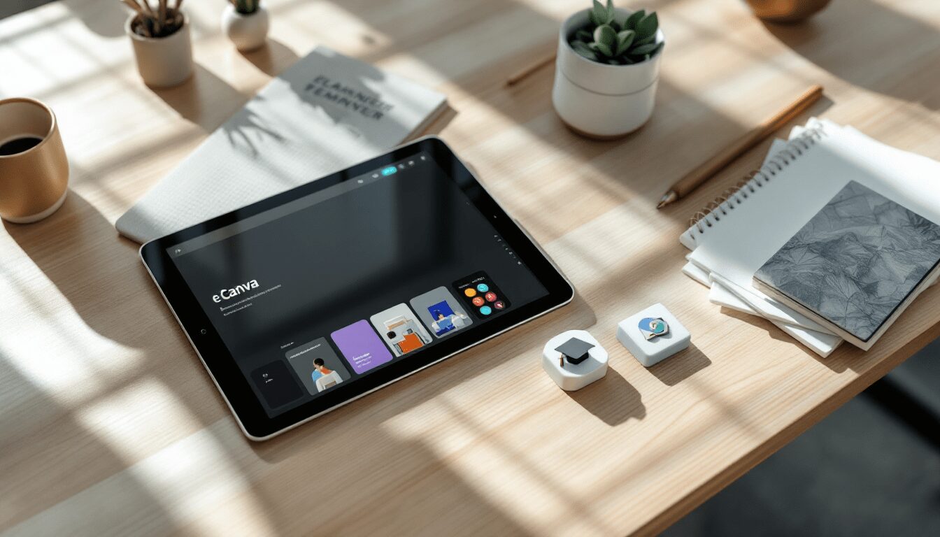 Venda de Produtos Digitais no Pinterest: e-books, templates e cursos em uma mesa de trabalho, mostrando como transformar conhecimento em lucro sem custos