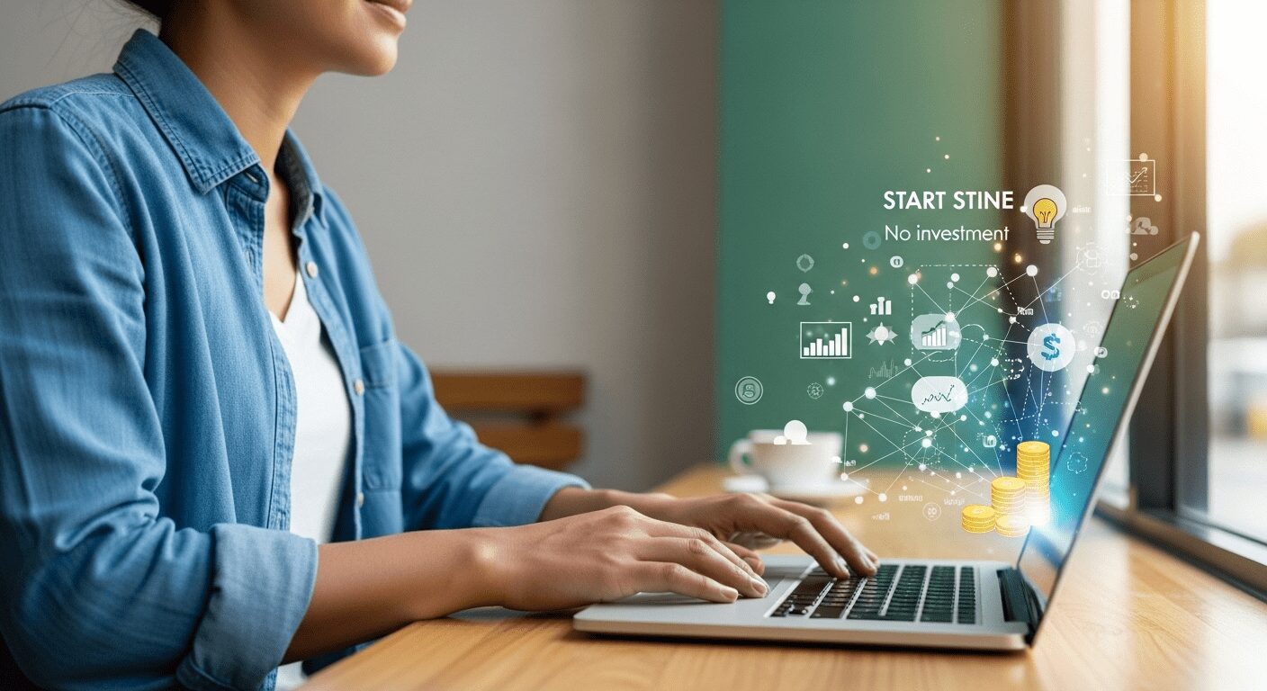 Pessoa sorrindo usando um laptop em um ambiente casual, simbolizando a facilidade e as oportunidades para como ganhar dinheiro online sem investimento inicial e construir uma nova jornada financeira