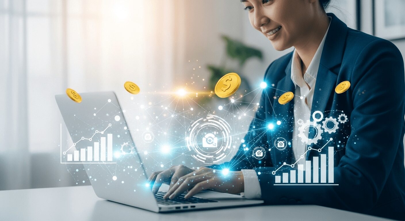 Empreendedora de e-commerce usando ferramentas de IA gratuitas para marketing de e-commerce iniciante, otimizando seu negócio digital e impulsionando vendas sem custos adicionais