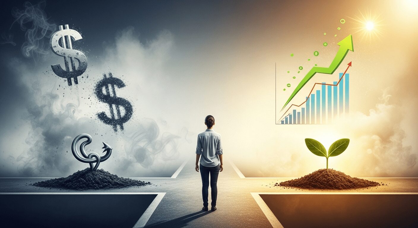 Pessoa escolhendo caminho claro e iluminado, simbolizando marketing afiliados desvendando mitos e ganhos reais, com clareza e sucesso no marketing digital