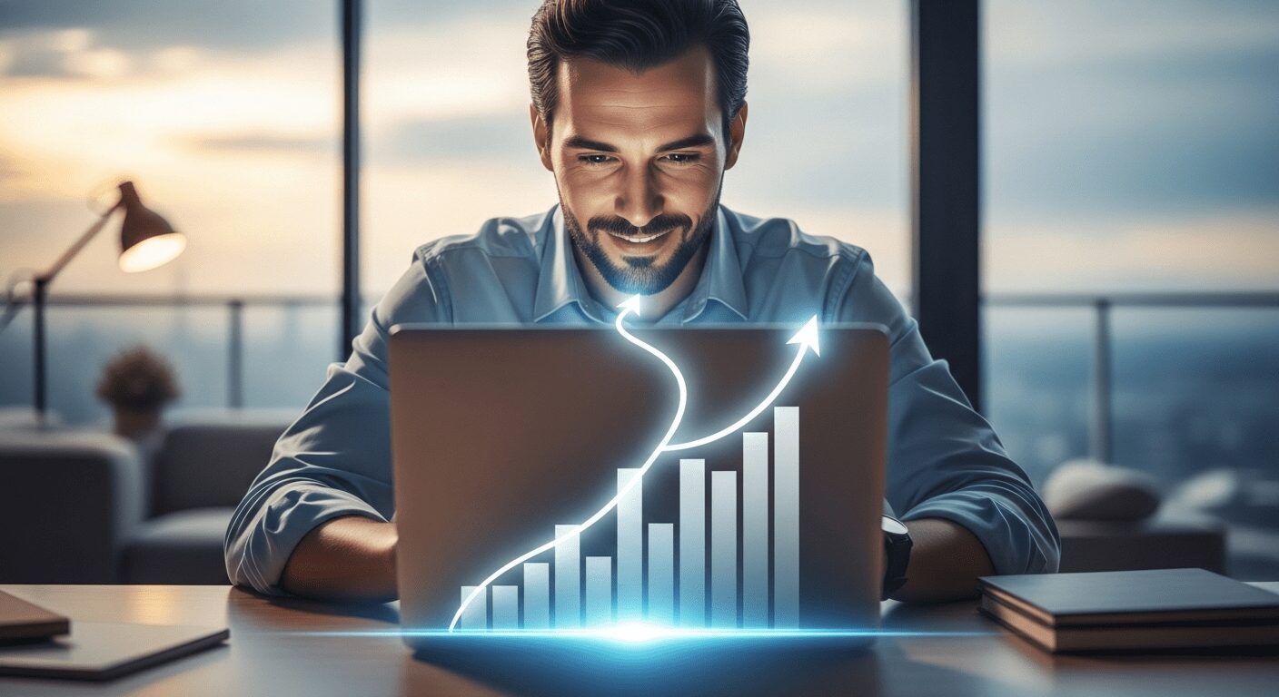 Pessoa confiante desvendando a fórmula do método definitivo negócio online em seu laptop, simbolizando sucesso e um caminho claro no empreendedorismo digital