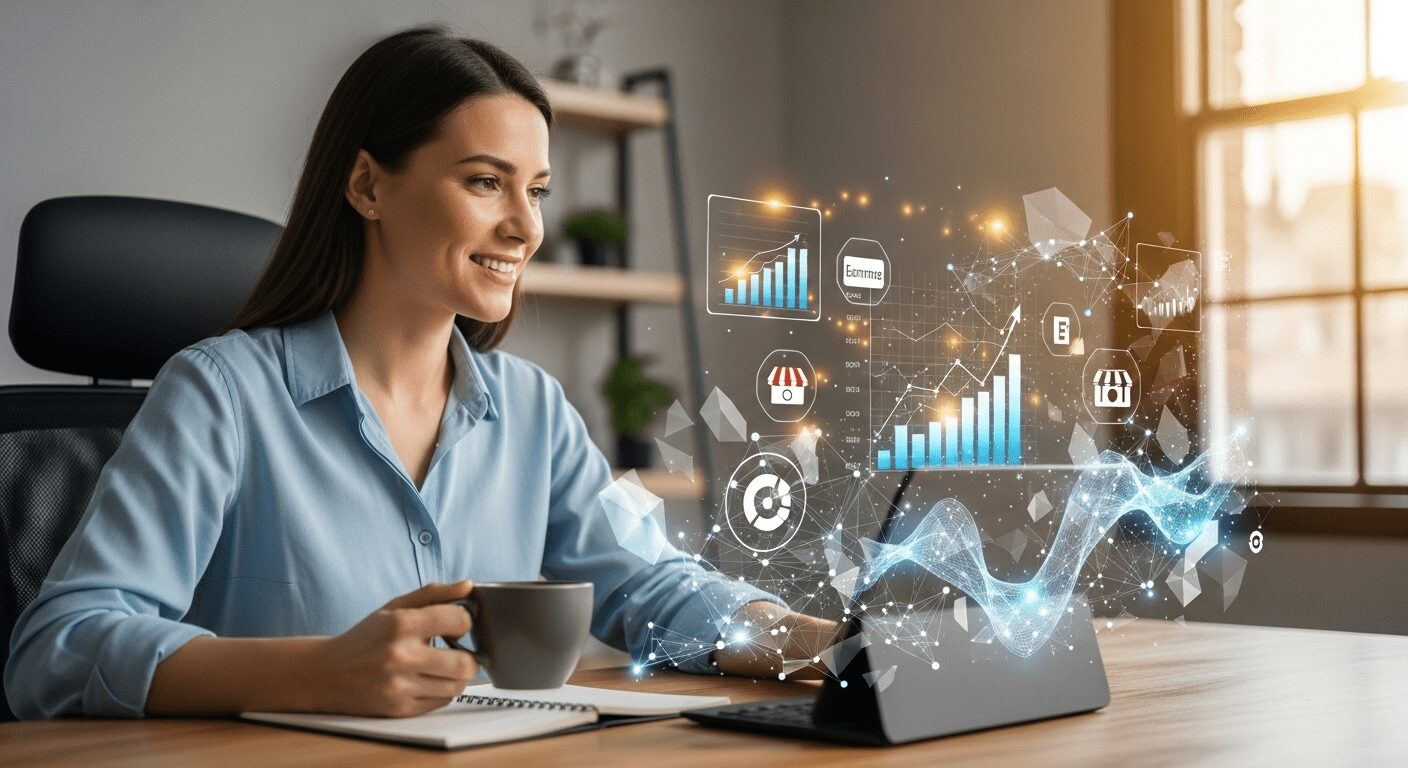 Empreendedor sorrindo usando plataforma e-commerce com IA para iniciantes, simbolizando crescimento e sucesso no negócio online