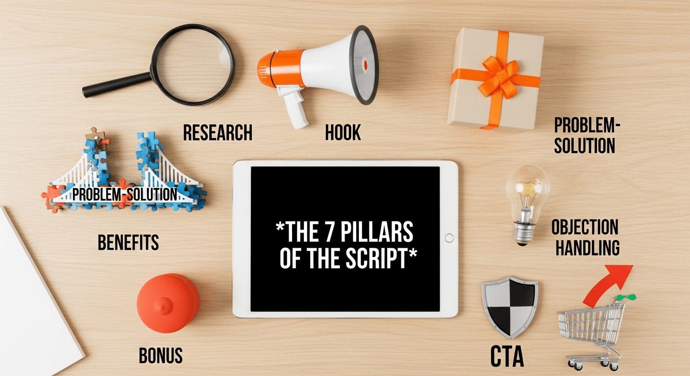 Mesa com tablet e objetos que representam os 7 pilares de como criar um vídeo review de alta conversão, desde a pesquisa até a venda