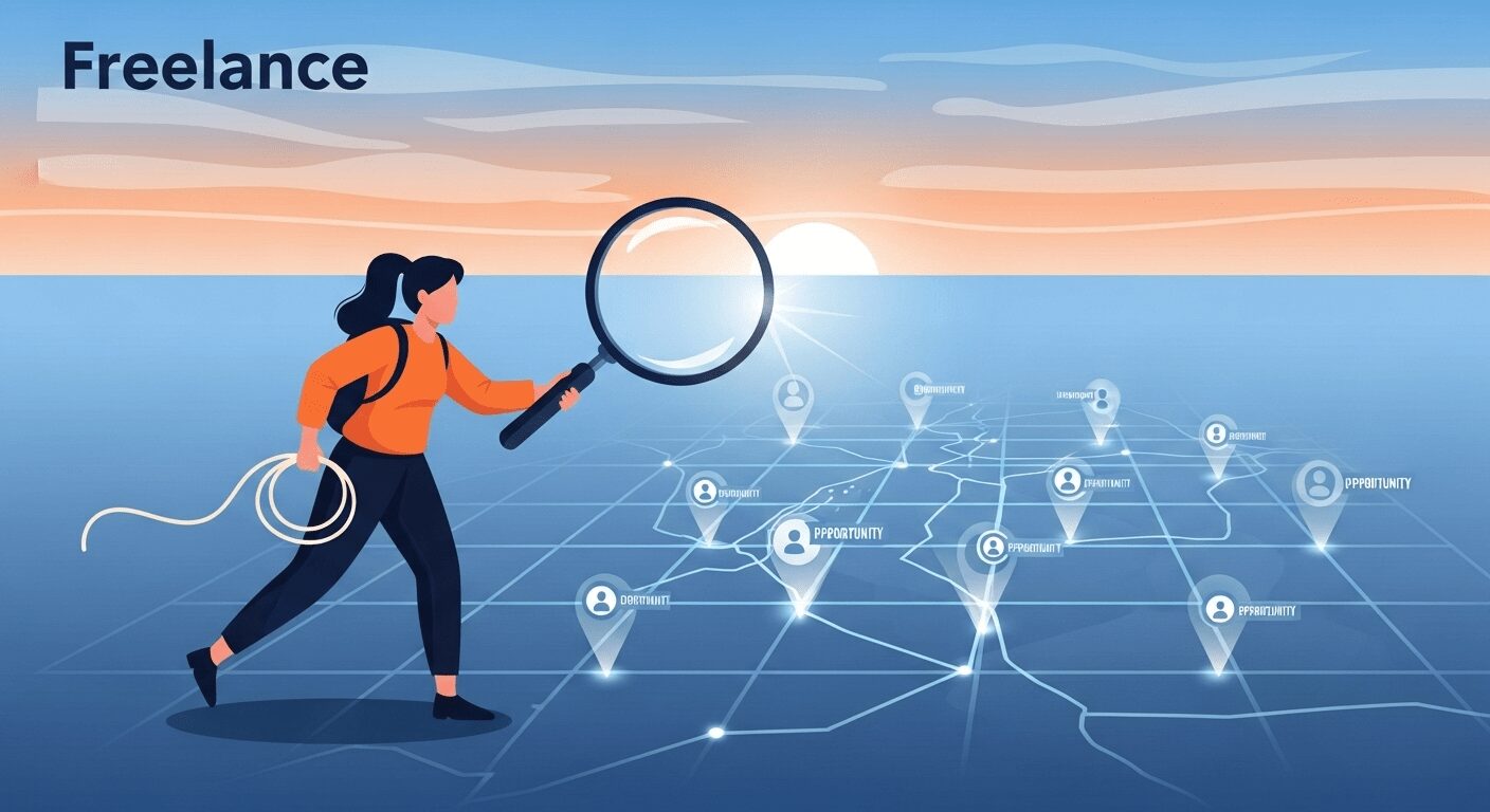 Freelancer com lupa procurando oportunidades, prospecção ativa para encontrar o primeiro cliente, foco em clientes ideais