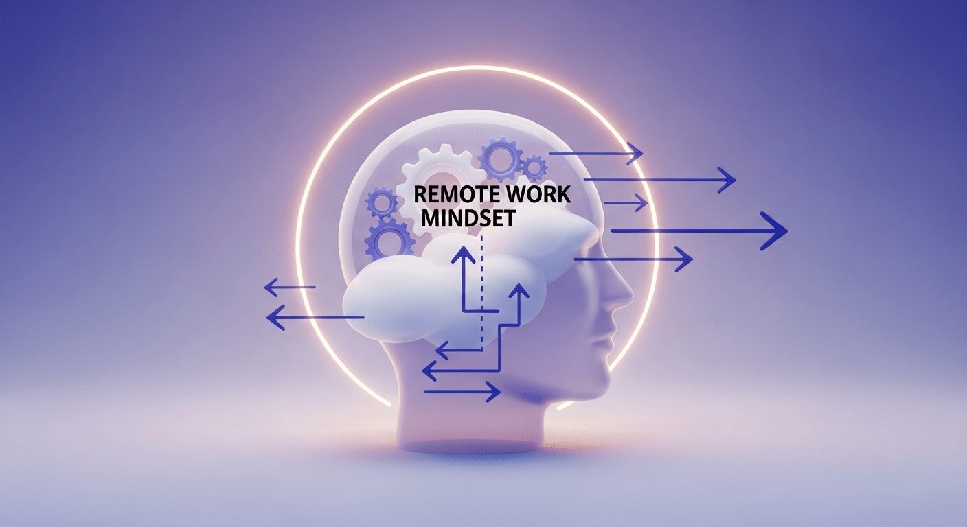 Ilustração 3D da mente com engrenagens e setas, representando foco e disciplina essenciais para a mentalidade de trabalho remoto