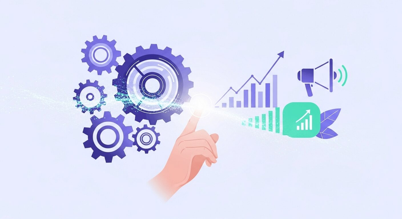 Benefícios da IA no marketing de afiliados: Ilustração de engrenagens e dados luminosos, mostrando a otimização e o crescimento exponencial