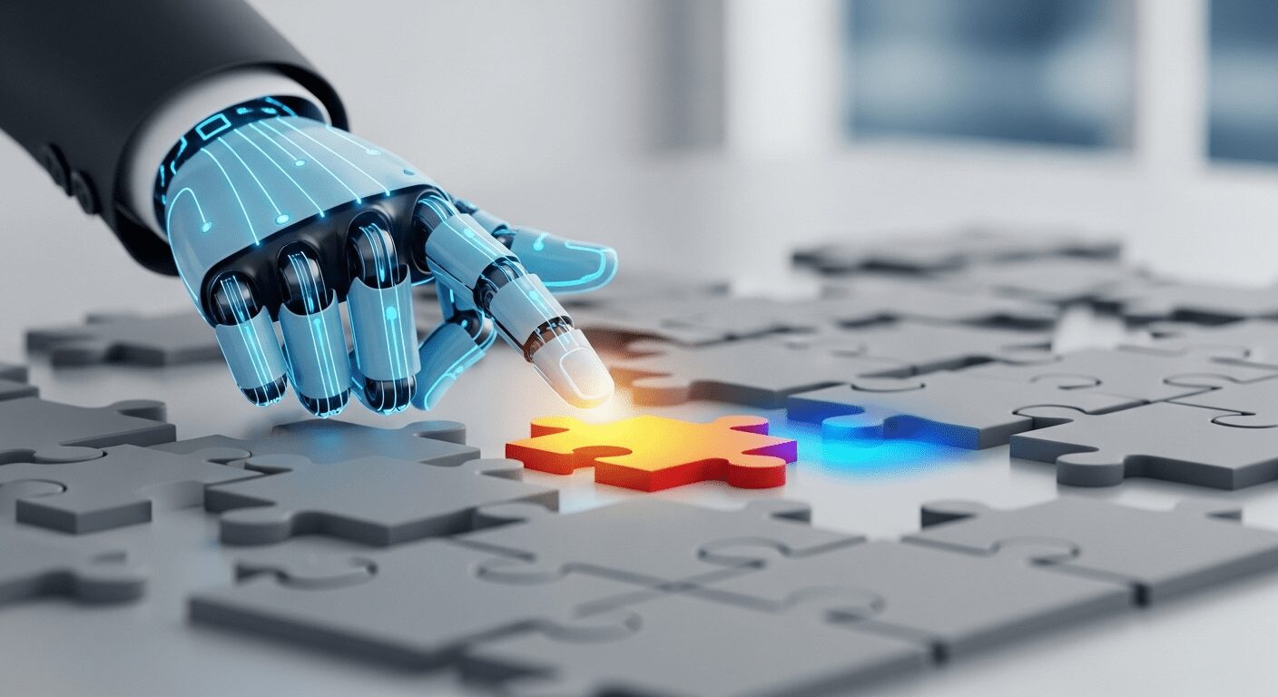 Mão aponta peça de quebra-cabeça brilhante, ilustrando o critério essencial para escolher o treinamento de marketing de afiliados