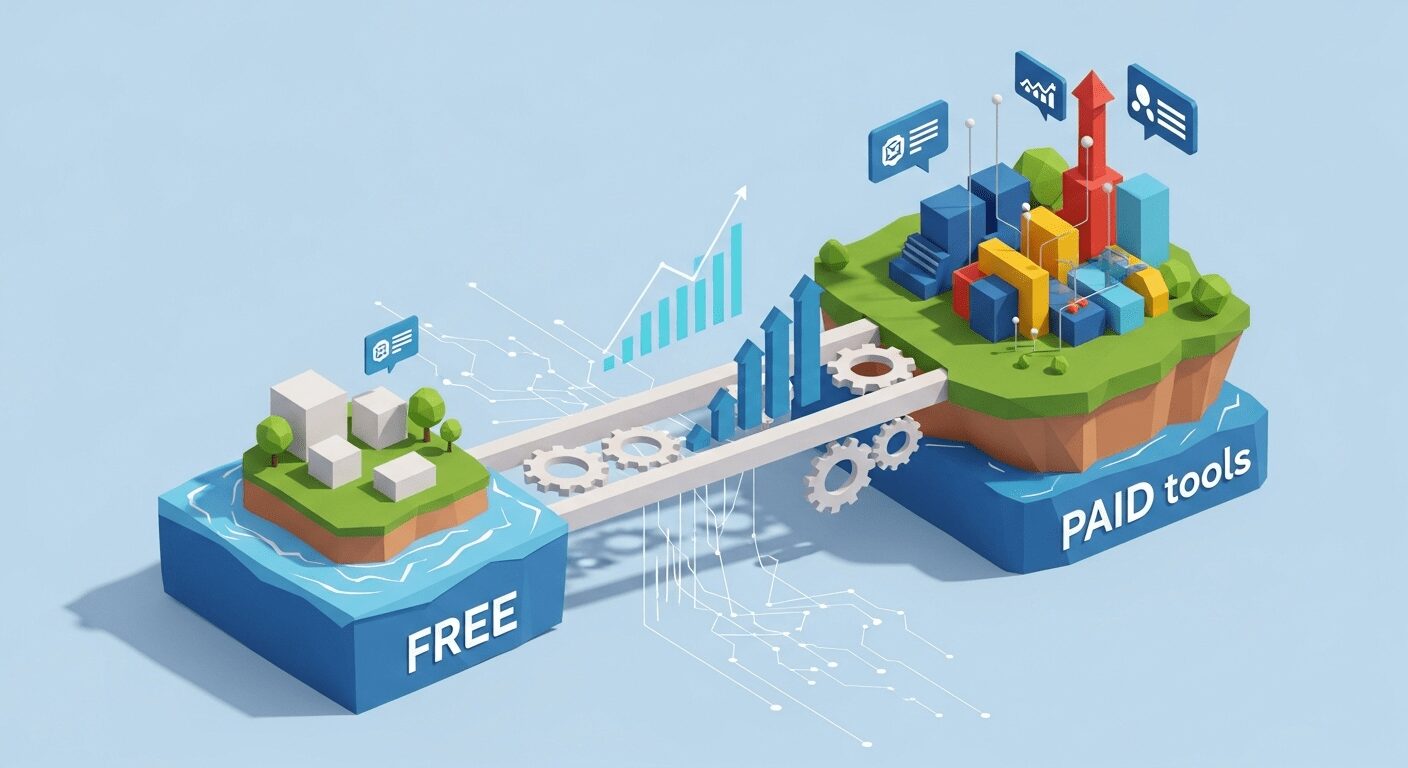 Ponte conectando ferramentas de marketing digital gratuito a soluções pagas, simbolizando a transição e crescimento do negócio