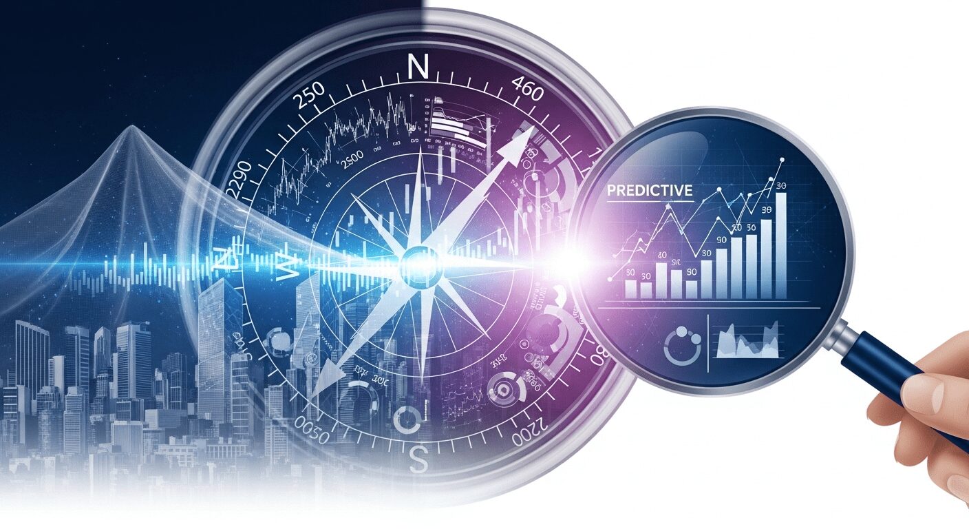 Análise preditiva: Bússola e lente de aumento digitais revelam tendências de mercado, mostrando como a IA antecipa o futuro