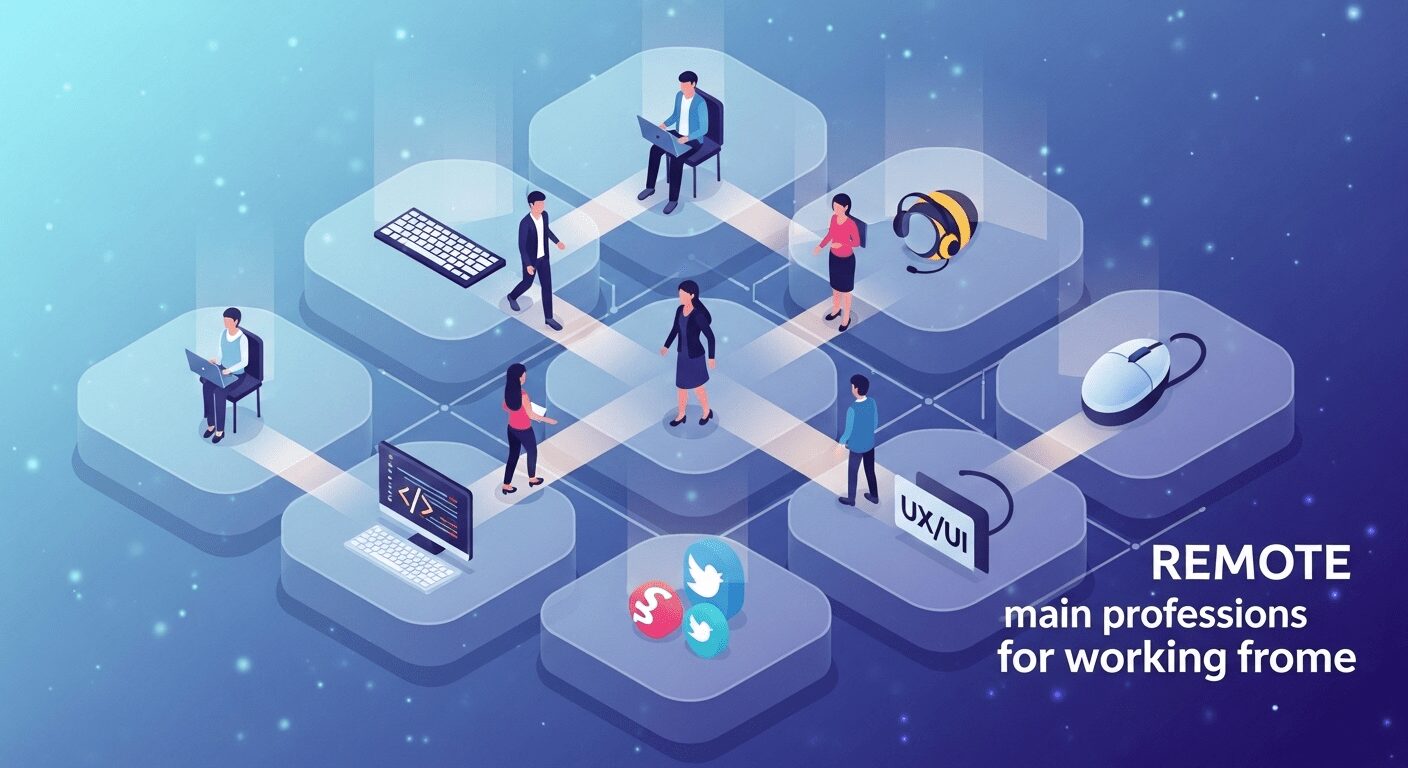 Ilustração isométrica de colmeia digital com ícones de diversas profissões home office. Representa a vasta gama de carreiras remotas disponíveis
