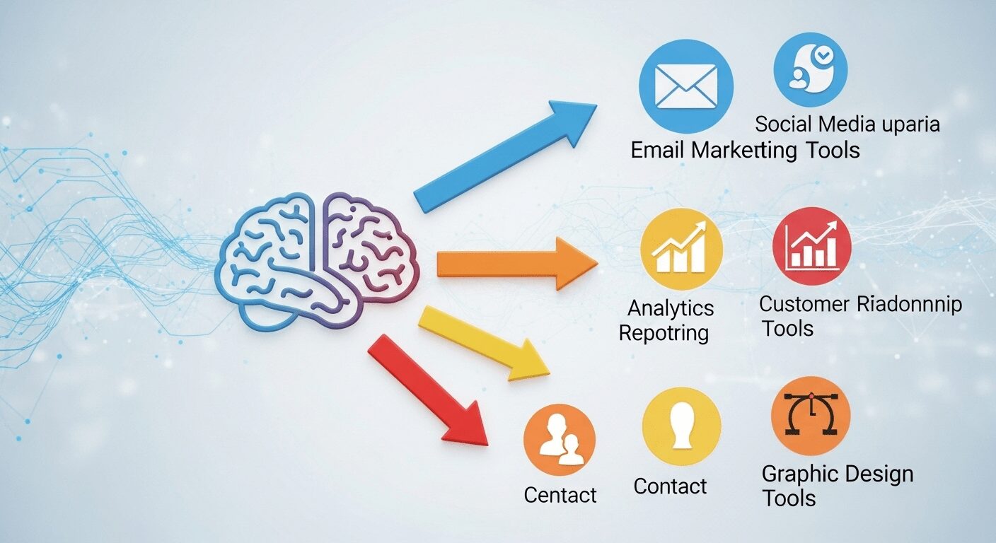 Organização visual de categorias de ferramentas gratuitas para automação de marketing digital, com ícones claros