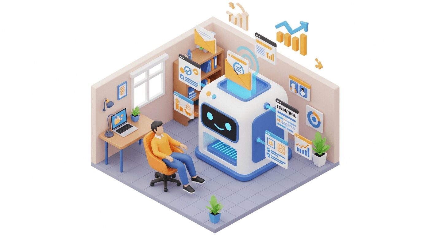 Empreendedor observa máquina de automação de marketing trabalhando, otimizando tarefas e liberando tempo para o crescimento da empresa