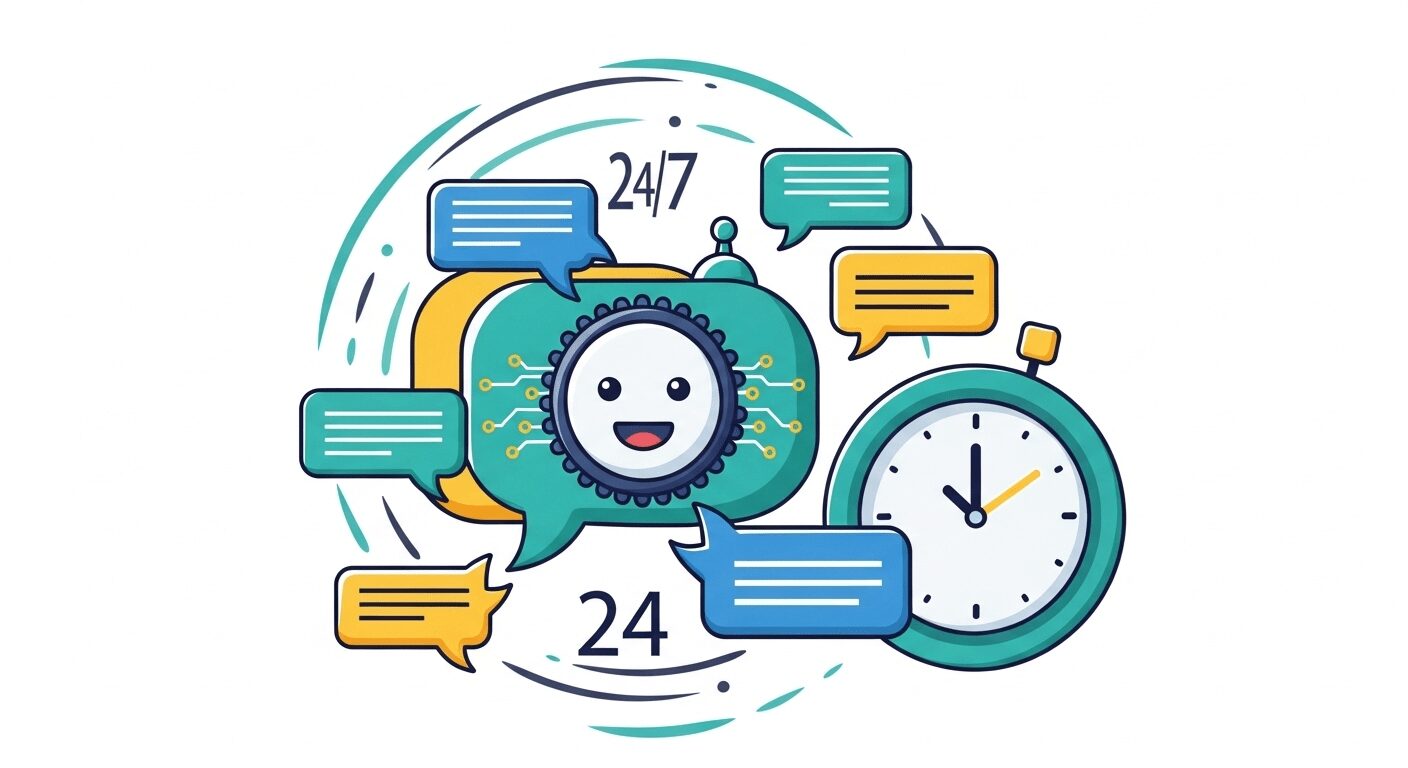 Chatbots inteligentes: Ícone de chatbot interagindo com usuários, mostrando atendimento instantâneo e liberação de tempo do afiliado