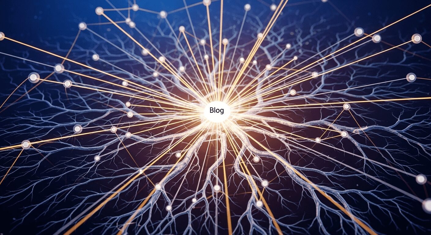 Rede digital de sites interconectados, simbolizando backlinks e autoridade off-page, fortalecendo a credibilidade do blog. Como funciona o SEO de alcance