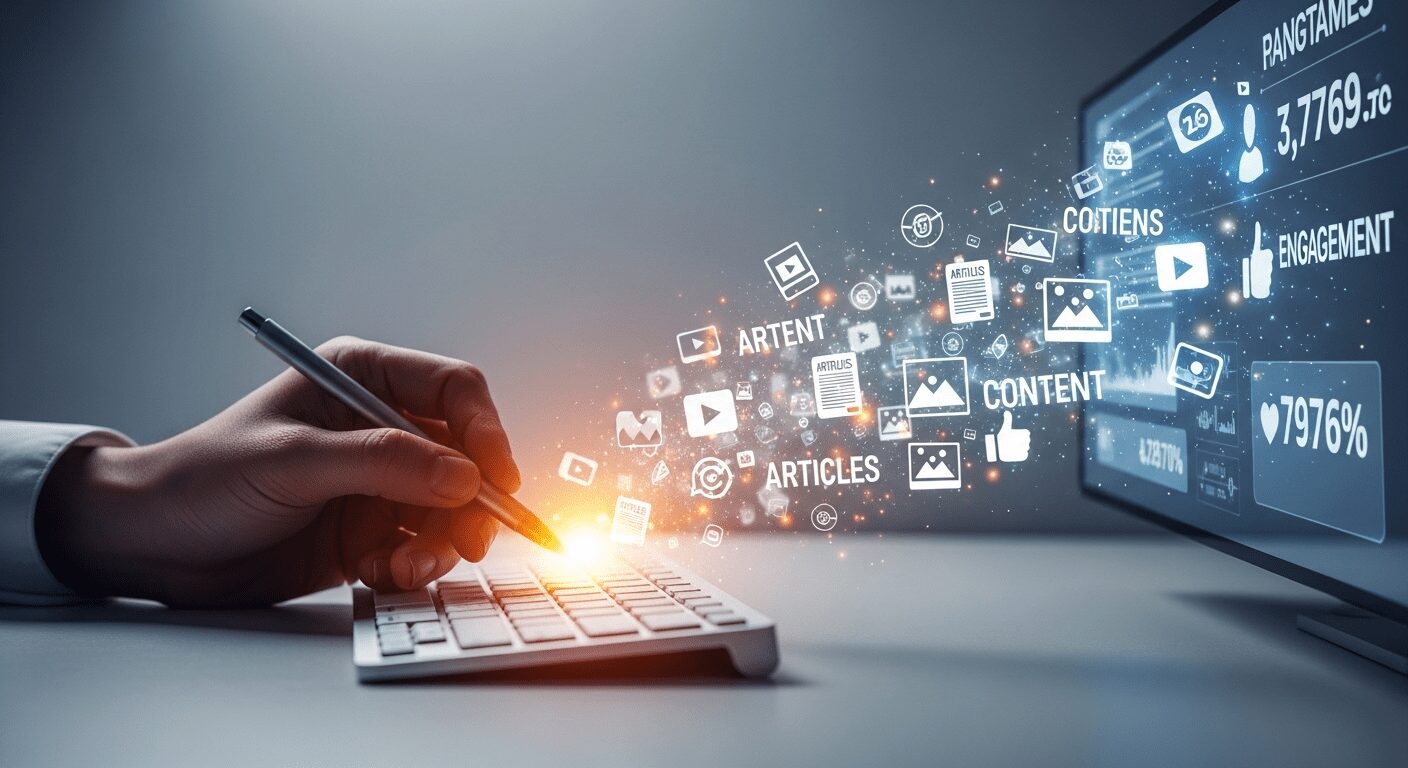 Criação de conteúdo com IA: Mão humana escrevendo no teclado digital, gerando artigos otimizados e imagens engajadoras em escala