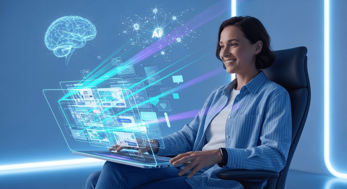 Pessoa feliz e confiante usando tecnologia futurista para criar sites com IA de forma intuitiva, destacando facilidade e poder da inteligência artificial no desenvolvimento web