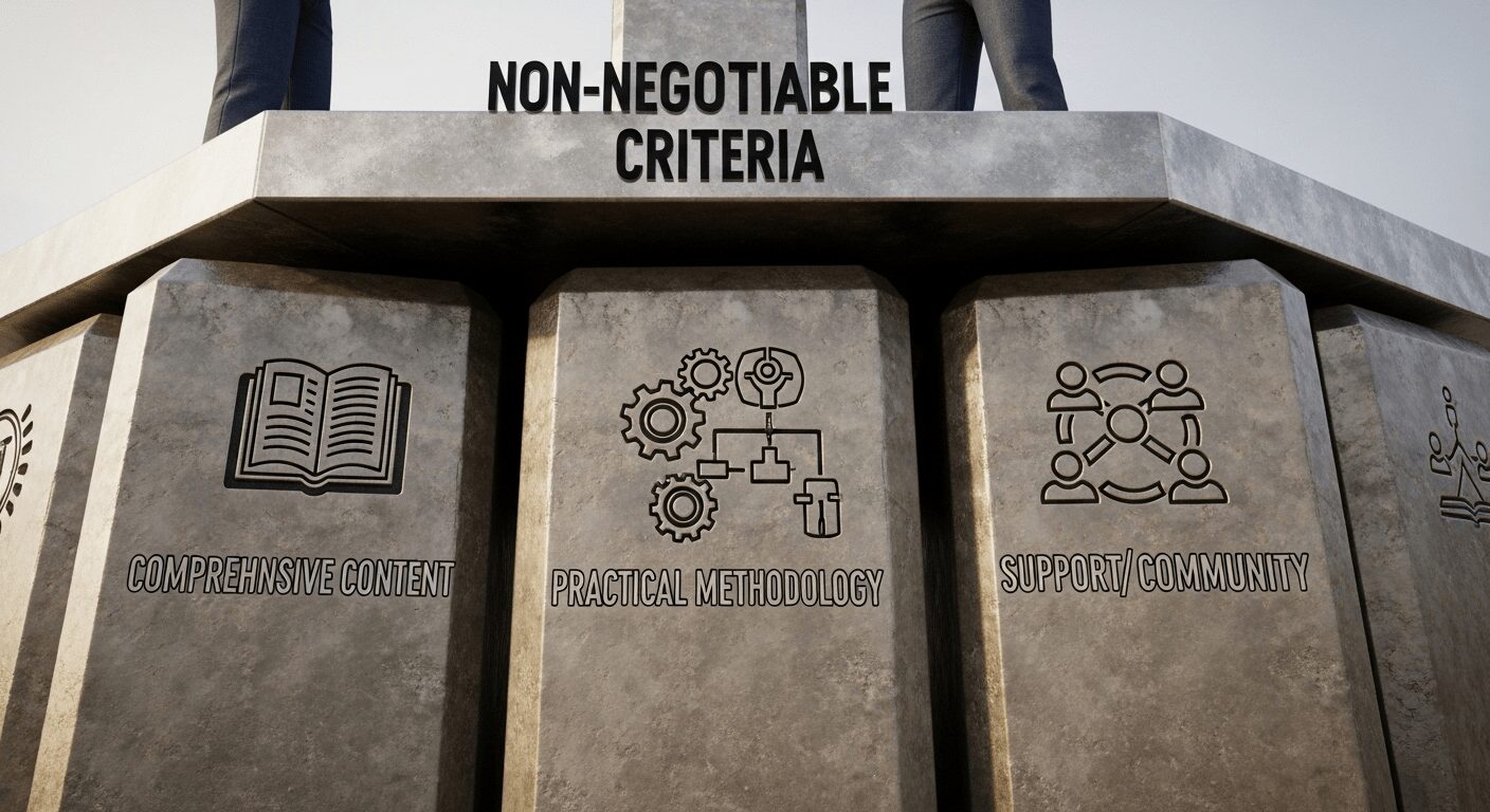 Pintura digital de pilares representando critérios para escolher o melhor treinamento de marketing de afiliados, como conteúdo e suporte