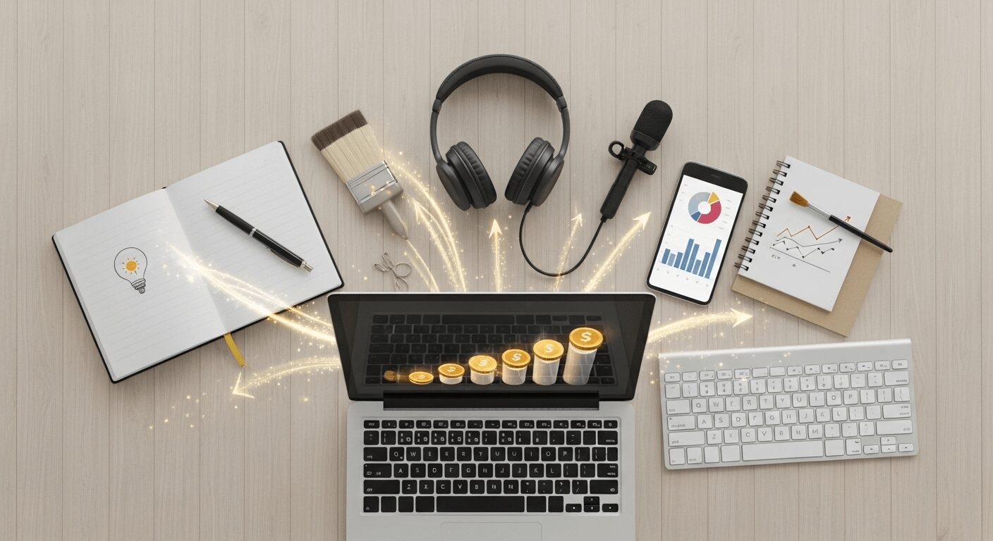 Mesa com objetos de hobbies e ferramentas de trabalho, conectados por linhas de luz, simbolizando a monetização de habilidades para o trabalho online