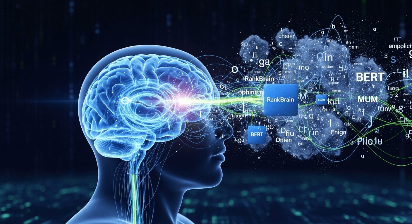 Cérebro digital abstrato representando a mente do Google e sua IA, processando dados para entender como funciona o SEO moderno. Evolução dos algoritmos