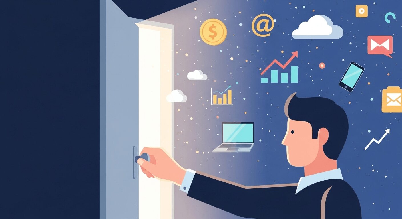 Mão abrindo porta que revela universo digital com ícones. Simboliza desvendar oportunidades de empreendedorismo digital para iniciantes