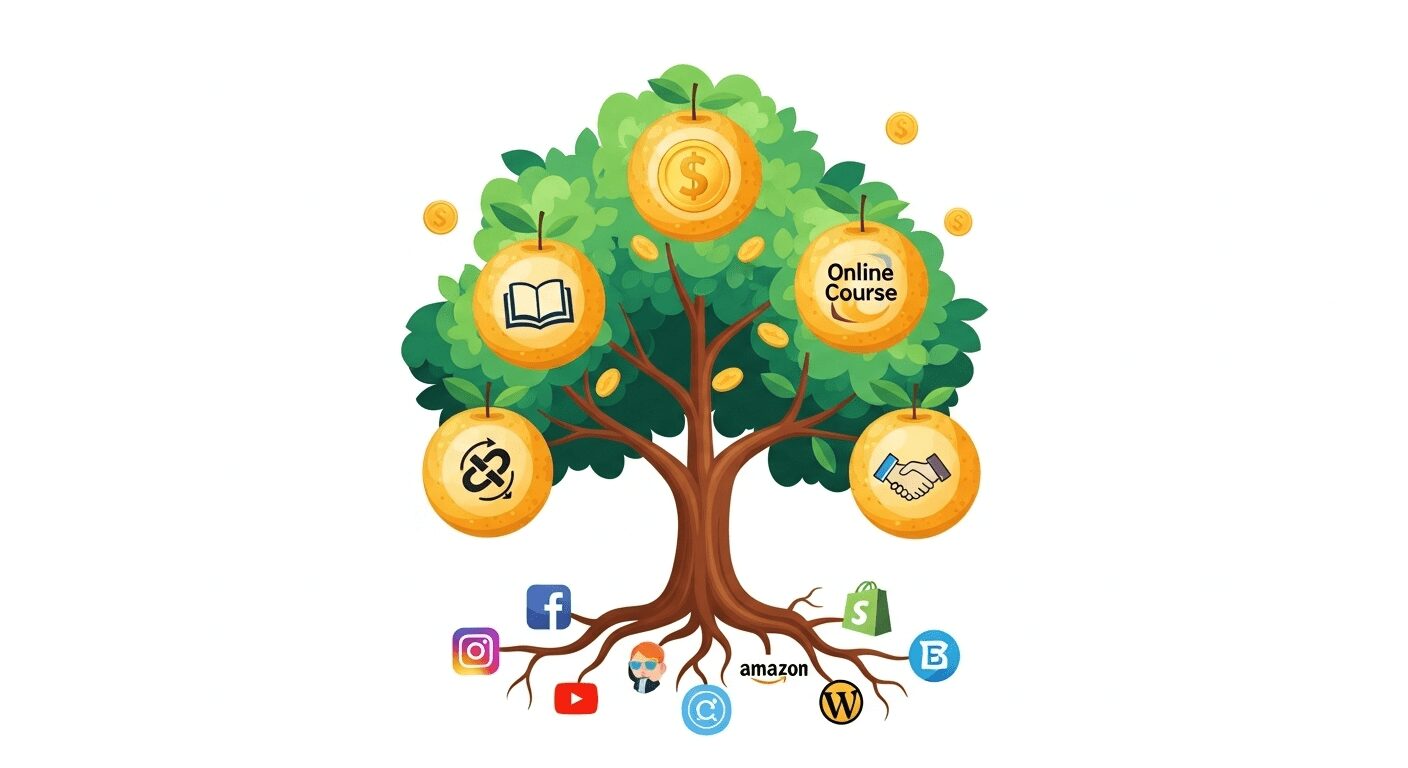Árvore digital frutificando diferentes fontes de renda, representando as oportunidades e diversificação de ganhos no marketing