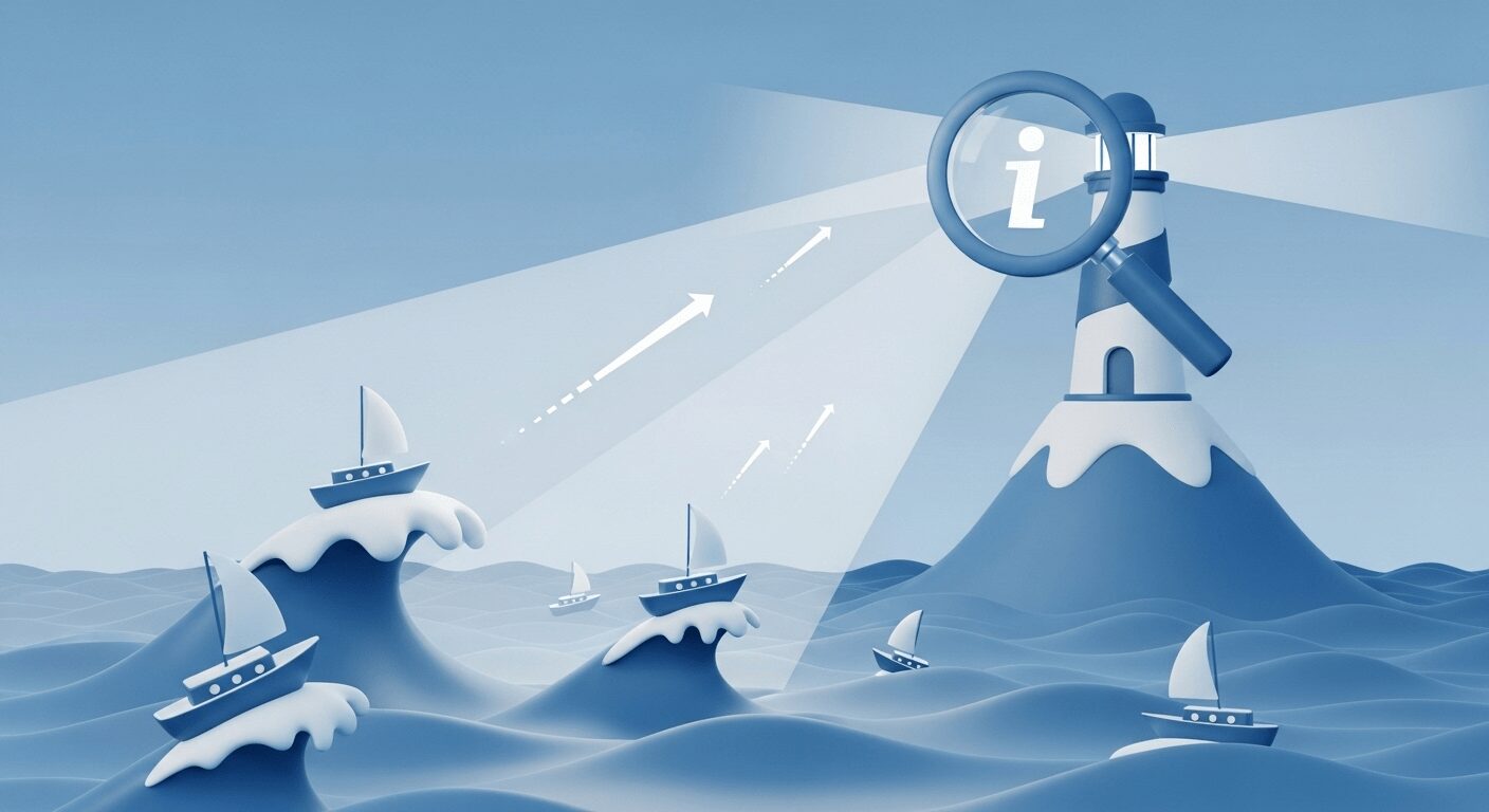 Lupa farol iluminando blogs navegando no oceano digital, ilustrando como SEO para resultados aumenta tráfego orgânico