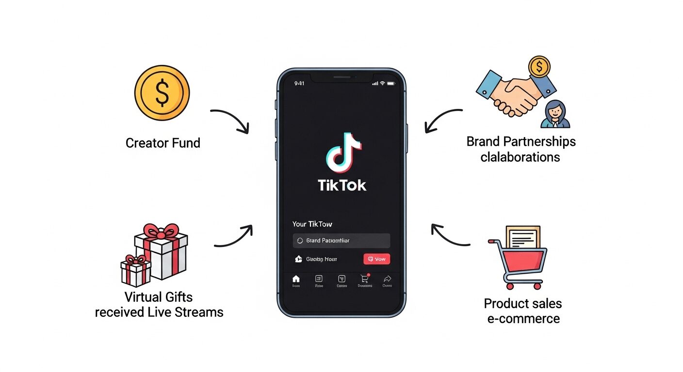 Smartphone com ícones de monetização no TikTok. Entenda como gerar renda com vídeos na plataforma e explorar suas possibilidades
