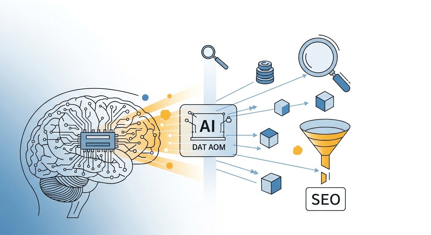 Cérebro digital com circuitos e feixes de luz conectando conceitos de IA e otimização para busca
