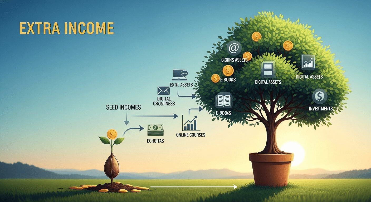 Semente crescendo em árvore com dinheiro e ativos digitais, ilustrando a escalada de resultados de renda extra para independência financeira online