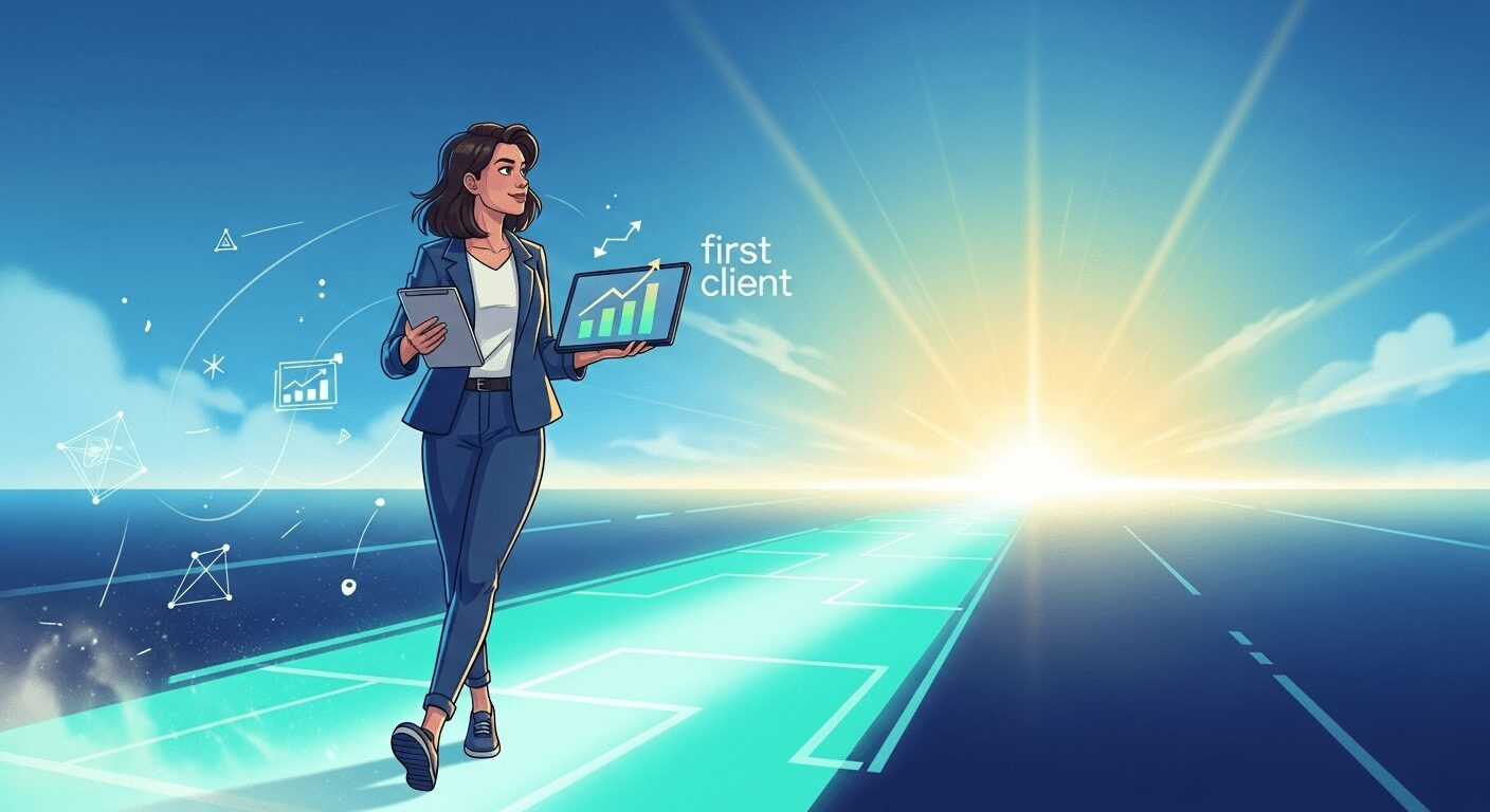 Jovem freelancer confiante caminhando em direção a um horizonte brilhante, simbolizando estratégias eficazes para encontrar seu primeiro cliente. Iluminação esperançosa