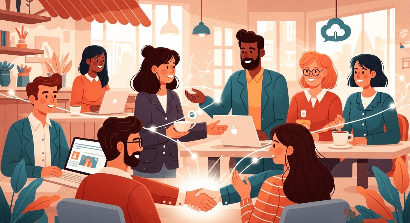 Ilustração de networking eficaz, pessoas construindo conexões profissionais, essencial para freelancers conquistar o primeiro cliente