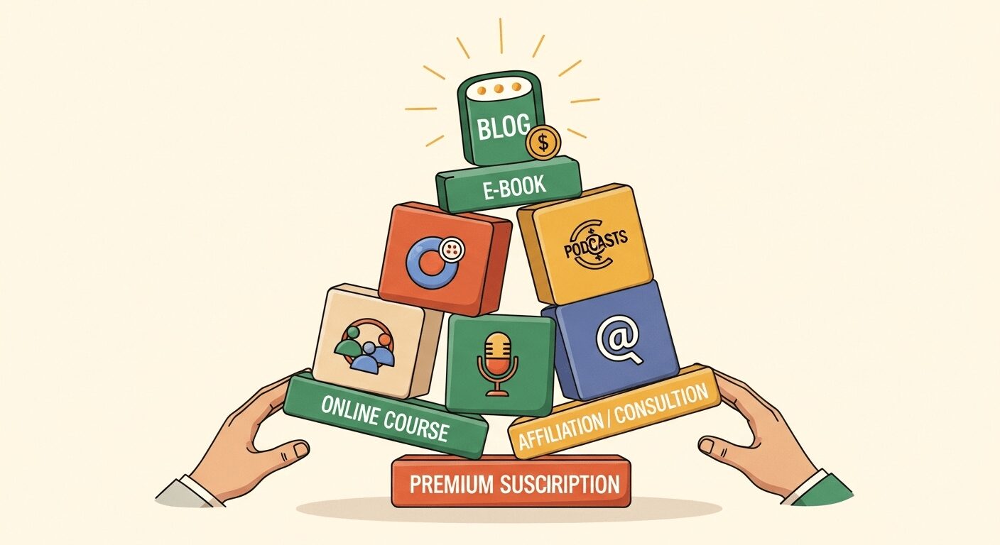 Estratégias para monetizar blog com IA do Google. Blocos de construção representam produtos digitais, consultoria, afiliados e assinaturas